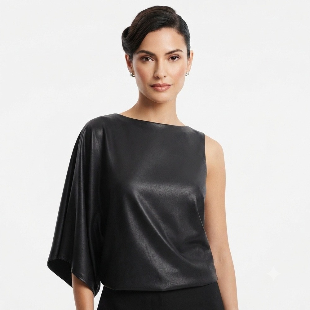 Cato Blouse Womans 14 16 Faux Leather One Shoulder Cape Sleeve Top Black New